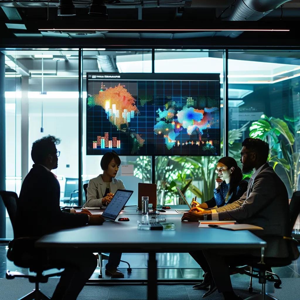 a dynamic office environment showcases a diverse group of professionals engaged in a collaborative brainstorming session, surrounded by sleek technology and charts illustrating successful seo strategies, conveying the transformative power of digital marketing for businesses in dania beach.