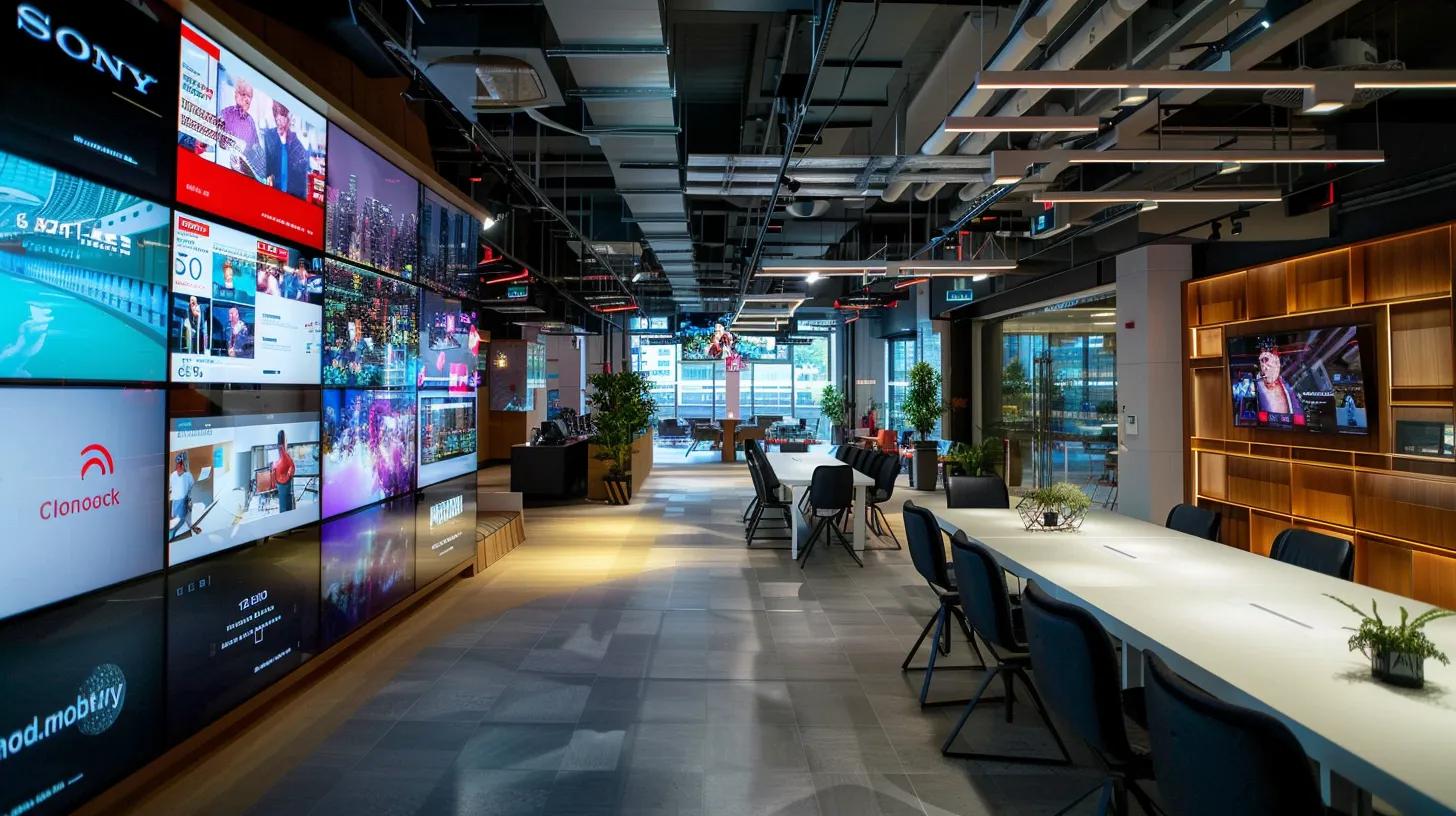 a dynamic urban office space filled with screens displaying vibrant video content alongside augmented reality demos, illustrating the seamless integration of social media and e-commerce in a cutting-edge digital marketplace. a dynamic urban office space filled with screens displaying vibrant video content alongside augmented reality demos, illustrating the seamless integration of social media and e-commerce in a cutting-edge digital marketplace.