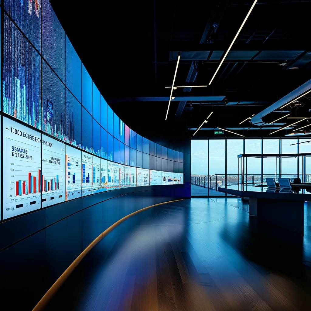 a sleek, modern office featuring multiple digital screens displaying vibrant mobile shopping analytics and trends, with a stylish yet minimalistic design reflecting a high-tech e-commerce environment.