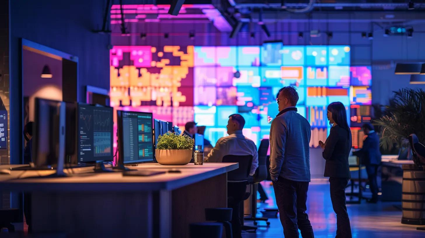 a bustling modern office environment showcases diverse professionals collaborating over digital marketing strategies on vibrant screens, illuminated by led lighting, symbolizing the dynamic e-commerce trends shaping the future of business.