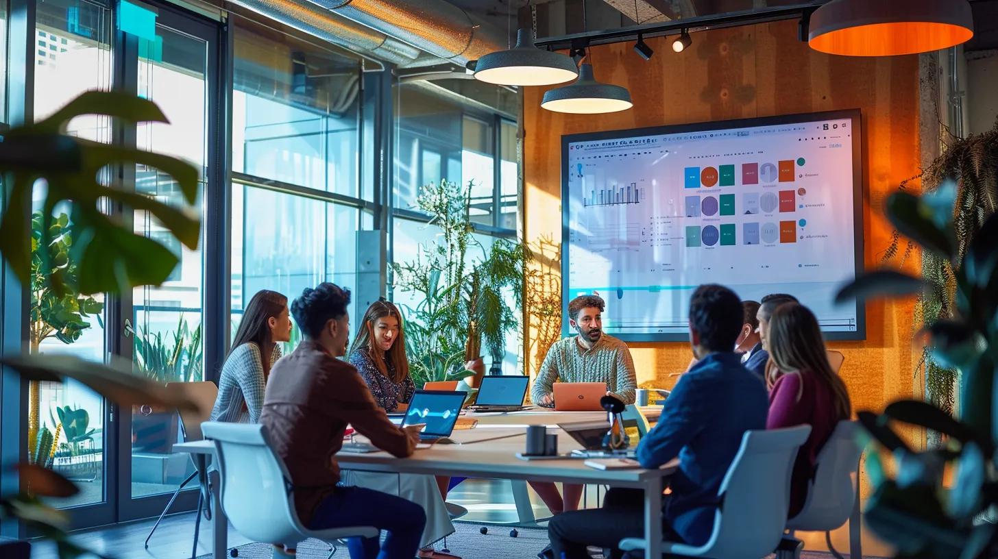 a modern, brightly lit office conference room showcases a diverse team engaged in a dynamic discussion, with a large digital screen displaying a brand strategy presentation, embodying the collaborative spirit of a local brand development agency. a modern, brightly lit office conference room showcases a diverse team engaged in a dynamic discussion, with a large digital screen displaying a brand strategy presentation, embodying the collaborative spirit of a local brand development agency.