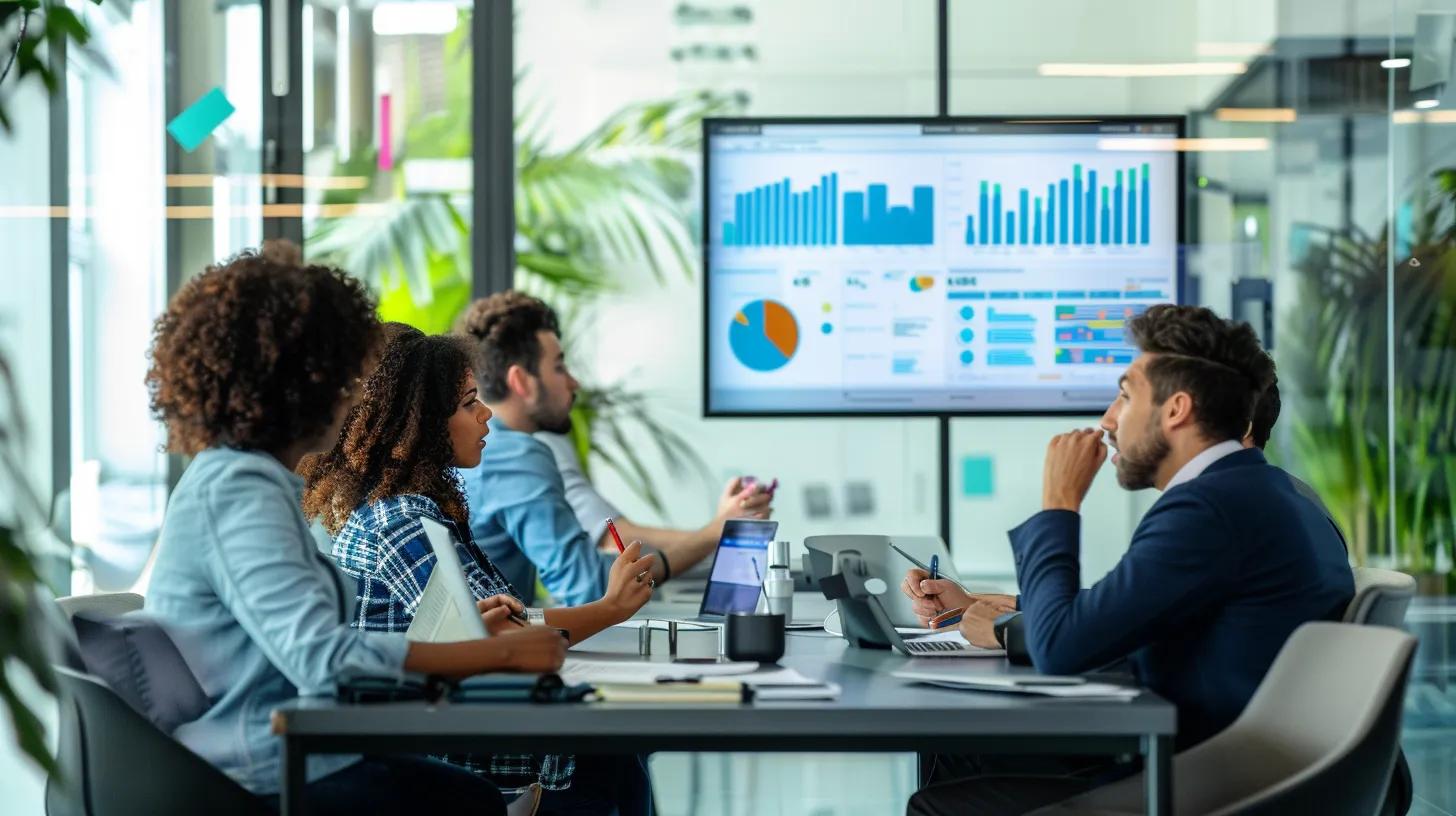 a modern office space in dania beach, showcasing a diverse team brainstorming around a sleek conference table, surrounded by digital marketing analytics displayed on large screens, capturing the essence of an affordable digital marketing agency.