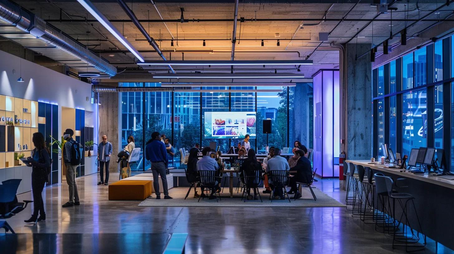 a modern, vibrant urban office space showcases professionals engaging with mobile devices, highlighting an interactive e-commerce app interface on their screens, bathed in dynamic, ambient lighting that reflects the energy of digital commerce. a modern, vibrant urban office space showcases professionals engaging with mobile devices, highlighting an interactive e-commerce app interface on their screens, bathed in dynamic, ambient lighting that reflects the energy of digital commerce.