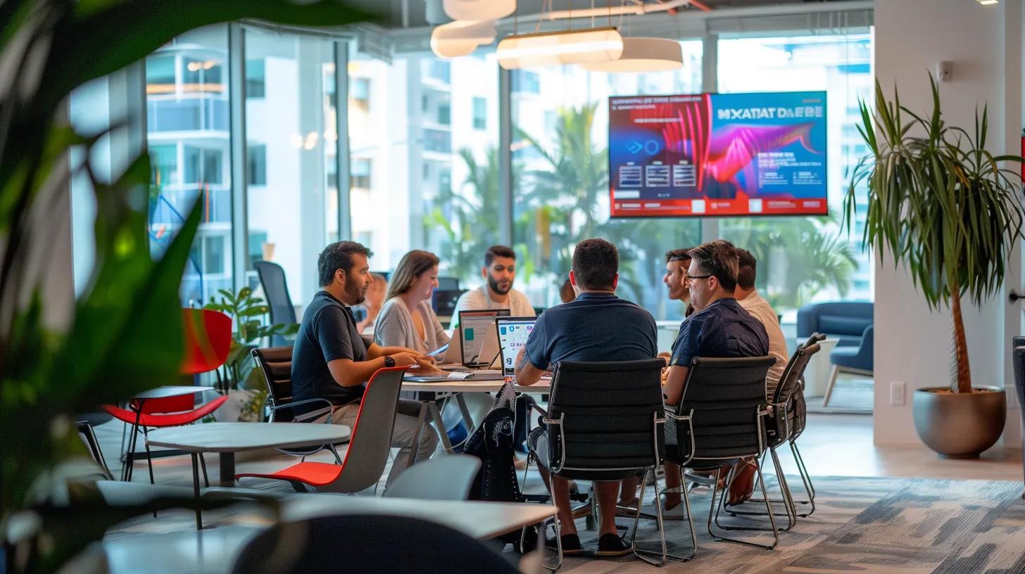 a sleek, modern office space in dania beach showcases a team of professionals engaged in a collaborative brainstorming session, surrounded by digital marketing strategies displayed on vibrant screens, emphasizing the local expertise and connectivity of a digital marketing agency. a sleek, modern office space in dania beach showcases a team of professionals engaged in a collaborative brainstorming session, surrounded by digital marketing strategies displayed on vibrant screens, emphasizing the local expertise and connectivity of a digital marketing agency.