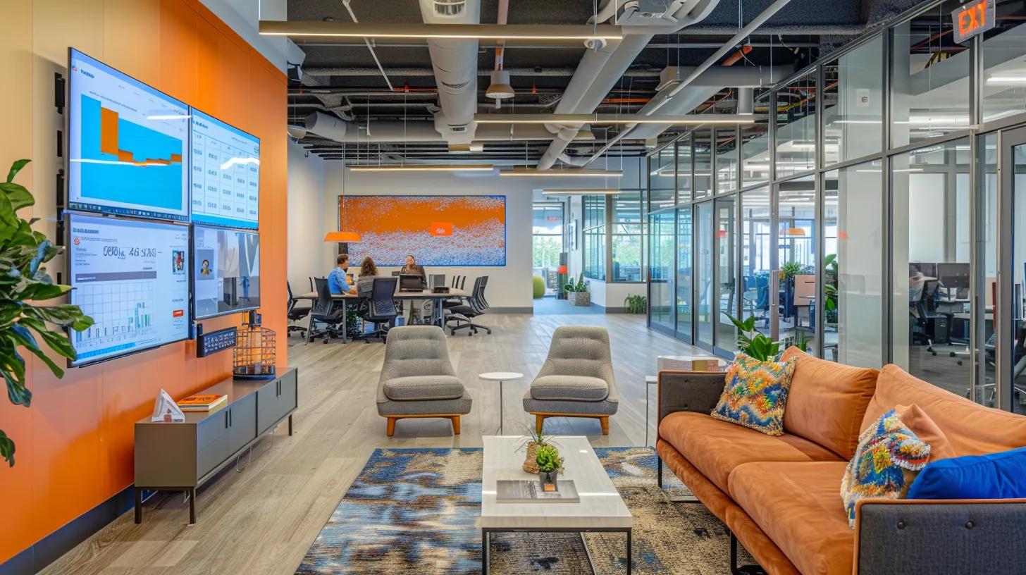 a sleek, modern office environment in dania beach showcases a dynamic team engaged in a vibrant brainstorming session, surrounded by digital marketing displays and analytics on multiple screens, embodying an atmosphere of creativity and strategic focus.