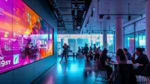 a sleek, modern office space bustling with professionals engaging in lively discussions over email marketing strategies, highlighted by vibrant digital screens displaying insightful analytics and colorful campaign graphics.