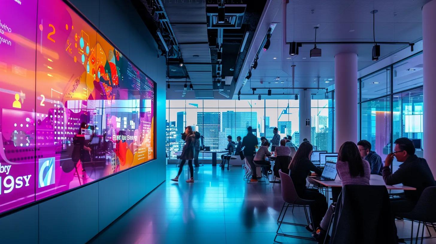 a sleek, modern office space bustling with professionals engaging in lively discussions over email marketing strategies, highlighted by vibrant digital screens displaying insightful analytics and colorful campaign graphics.