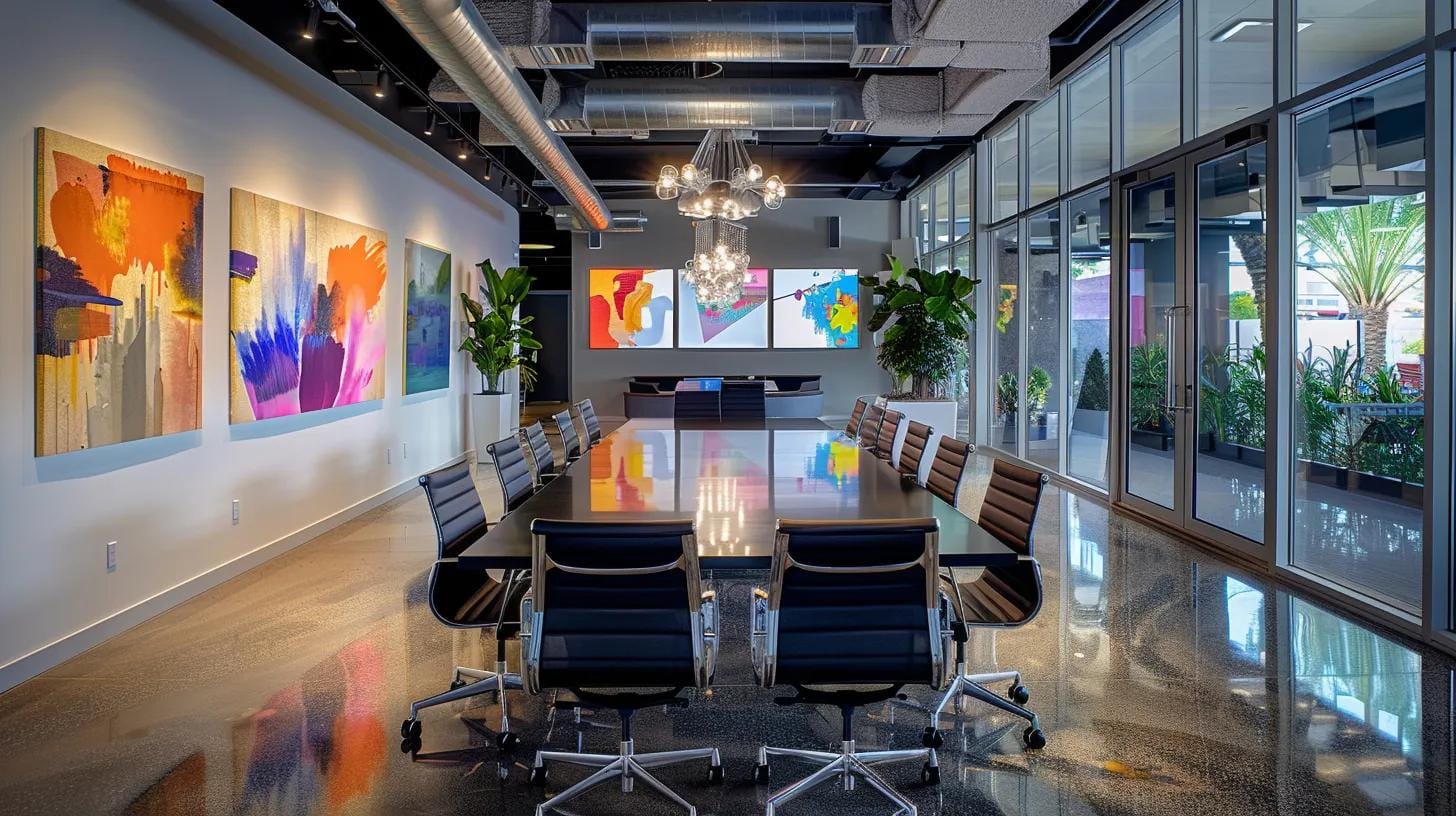 a sleek, modern office space in dania beach features a large conference table surrounded by vibrant branding materials and digital displays, emphasizing the dynamic benefits of brand development.