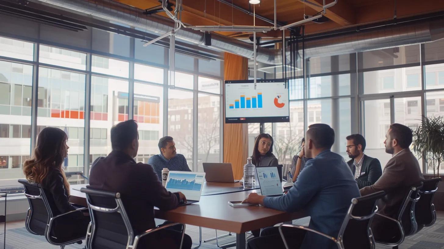 a sleek, modern office environment showcases a diverse team engaged in a dynamic discussion around a large conference table, vibrant digital marketing charts displayed on touchscreens, reflecting the strategic considerations for hiring a local agency. a sleek, modern office environment showcases a diverse team engaged in a dynamic discussion around a large conference table, vibrant digital marketing charts displayed on touchscreens, reflecting the strategic considerations for hiring a local agency.