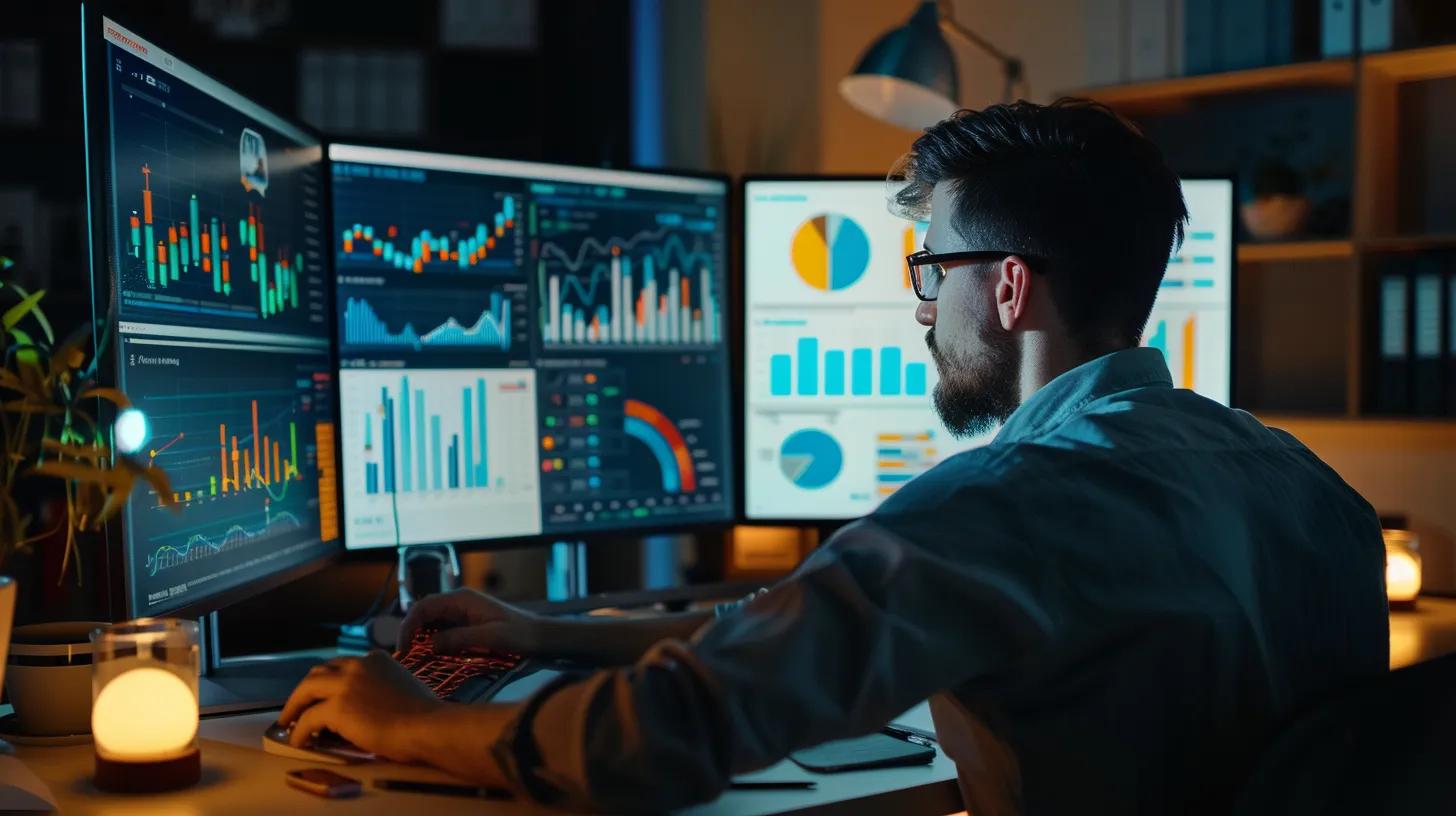 a sleek office environment showcases a focused business professional analyzing digital metrics on multiple computer screens, with vibrant graphs and analytics reflecting a strong online authority and engagement for their dania beach business. a sleek office environment showcases a focused business professional analyzing digital metrics on multiple computer screens, with vibrant graphs and analytics reflecting a strong online authority and engagement for their dania beach business.