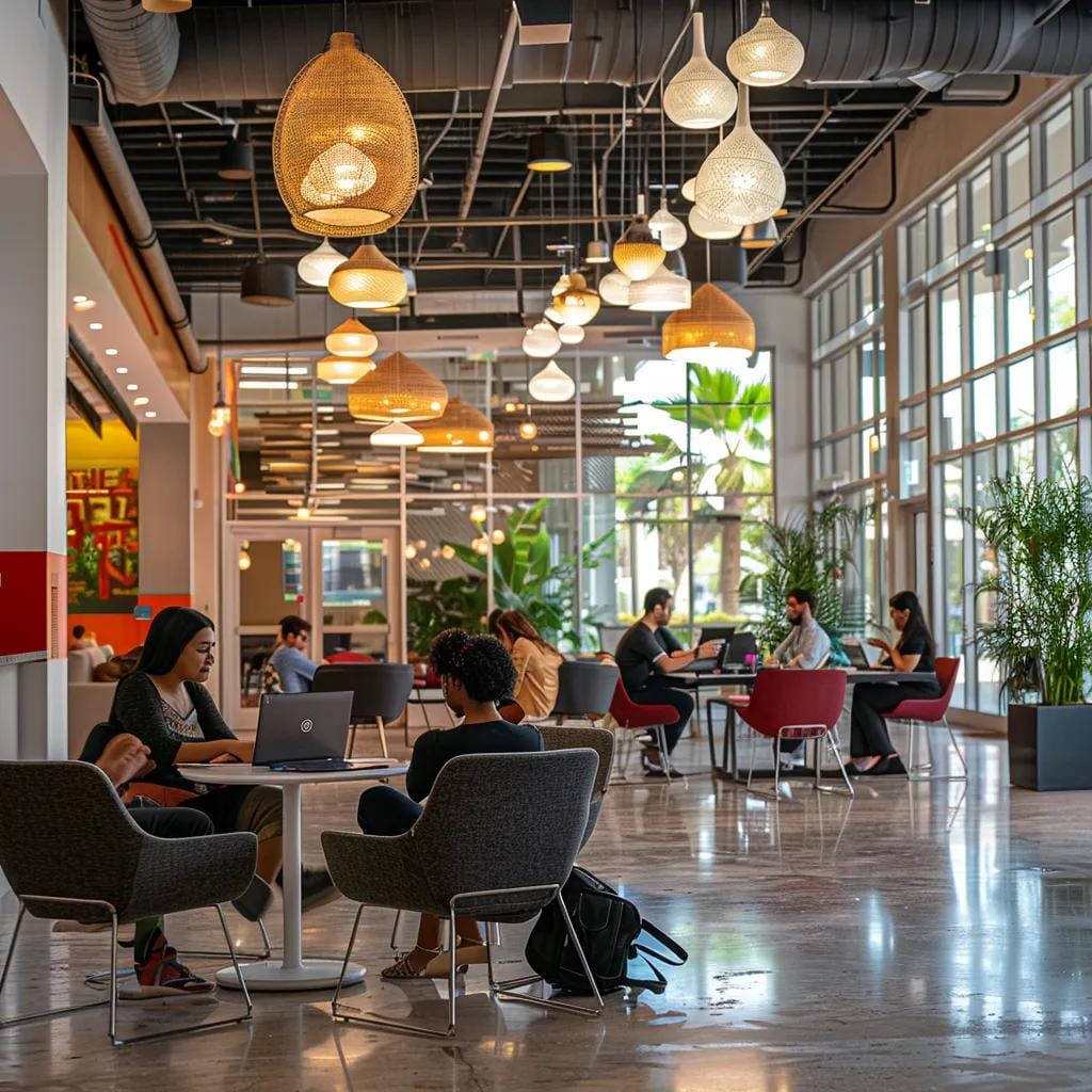 a vibrant, modern co-working space in dania beach showcasing a diverse group of professionals engaged in dynamic discussions and brainstorming sessions about local marketing strategies, illuminated by sleek pendant lights for a contemporary feel.