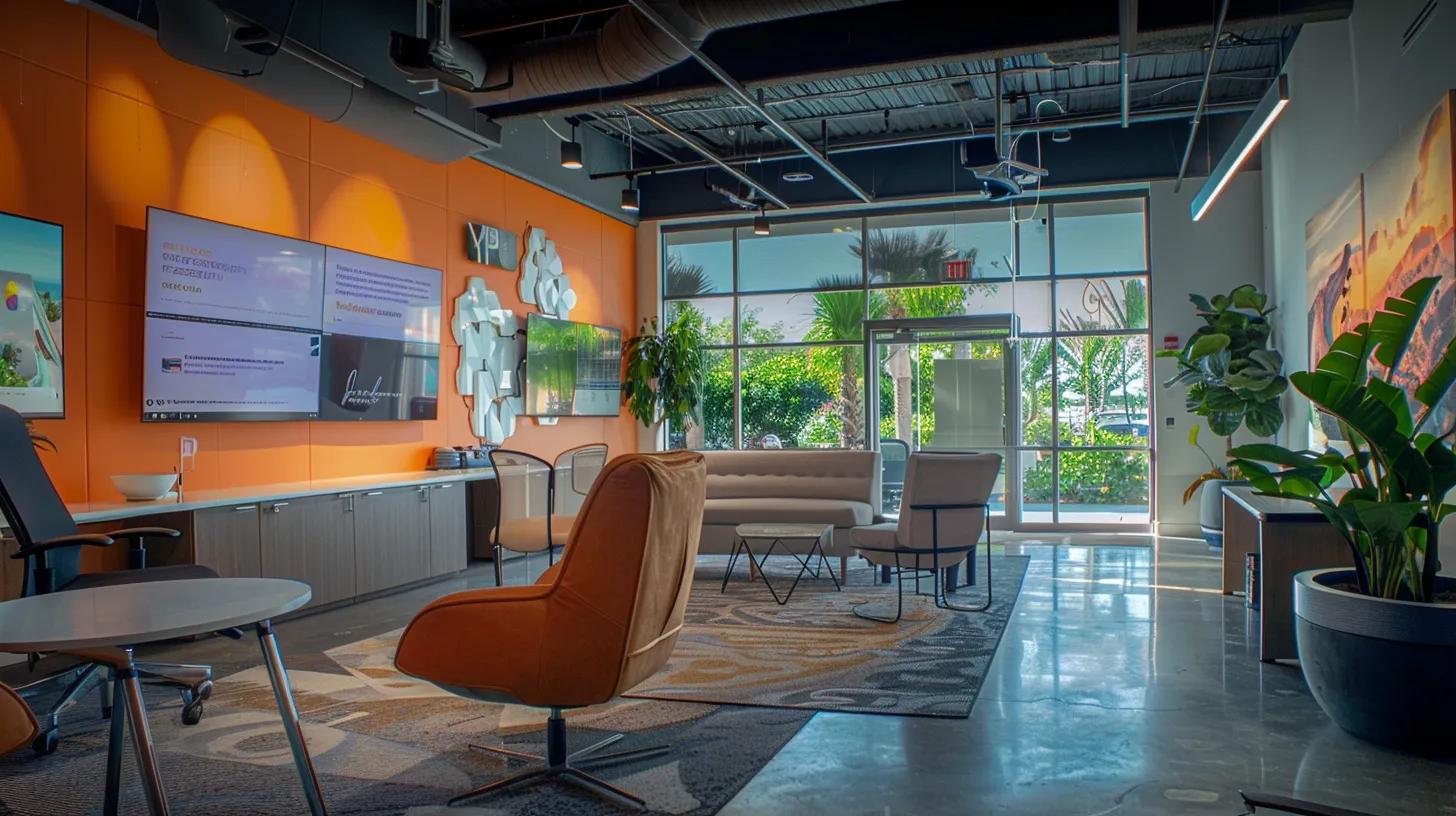 a vibrant, modern office space in dania beach showcases a stylish workspace with a sleek computer screen displaying an engaging website design and an eye-catching logo, emphasizing the professional branding process and its impact on customer perceptions. a vibrant, modern office space in dania beach showcases a stylish workspace with a sleek computer screen displaying an engaging website design and an eye-catching logo, emphasizing the professional branding process and its impact on customer perceptions.
