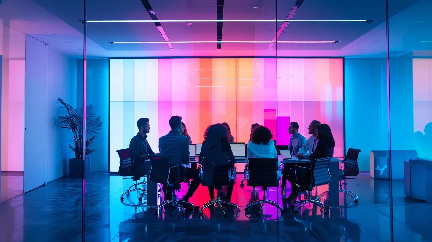 a vibrant office setting showcases a diverse team collaborating around a sleek conference table, illuminated by dynamic digital displays highlighting innovative e-commerce marketing strategies tailored for the florida market.