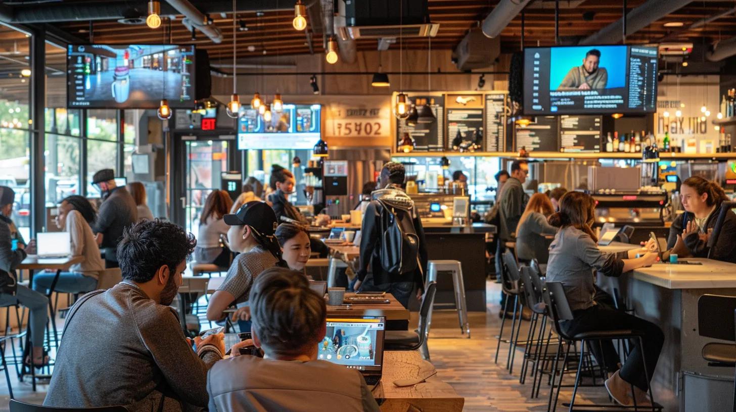 a vibrant urban setting showcases a busy café filled with engaged patrons interacting with digital devices, while large screens display dynamic content highlighting local success stories and community events, emphasizing the power of content marketing in driving engagement. a vibrant urban setting showcases a busy café filled with engaged patrons interacting with digital devices, while large screens display dynamic content highlighting local success stories and community events, emphasizing the power of content marketing in driving engagement.