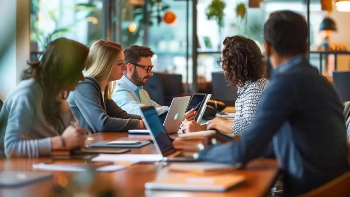 Team collaborating in a modern South Florida coworking office with laptops and natural light
