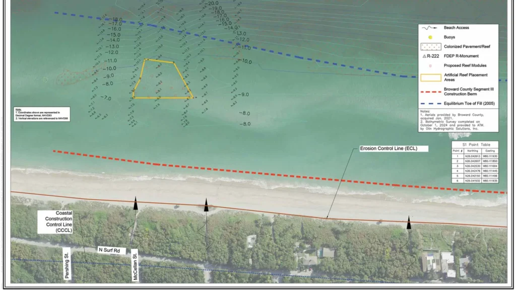 ap of proposed near shore reef modules off North Beach Park in Hollywood, Florida showing artificial reef placement areas and nearby streets.