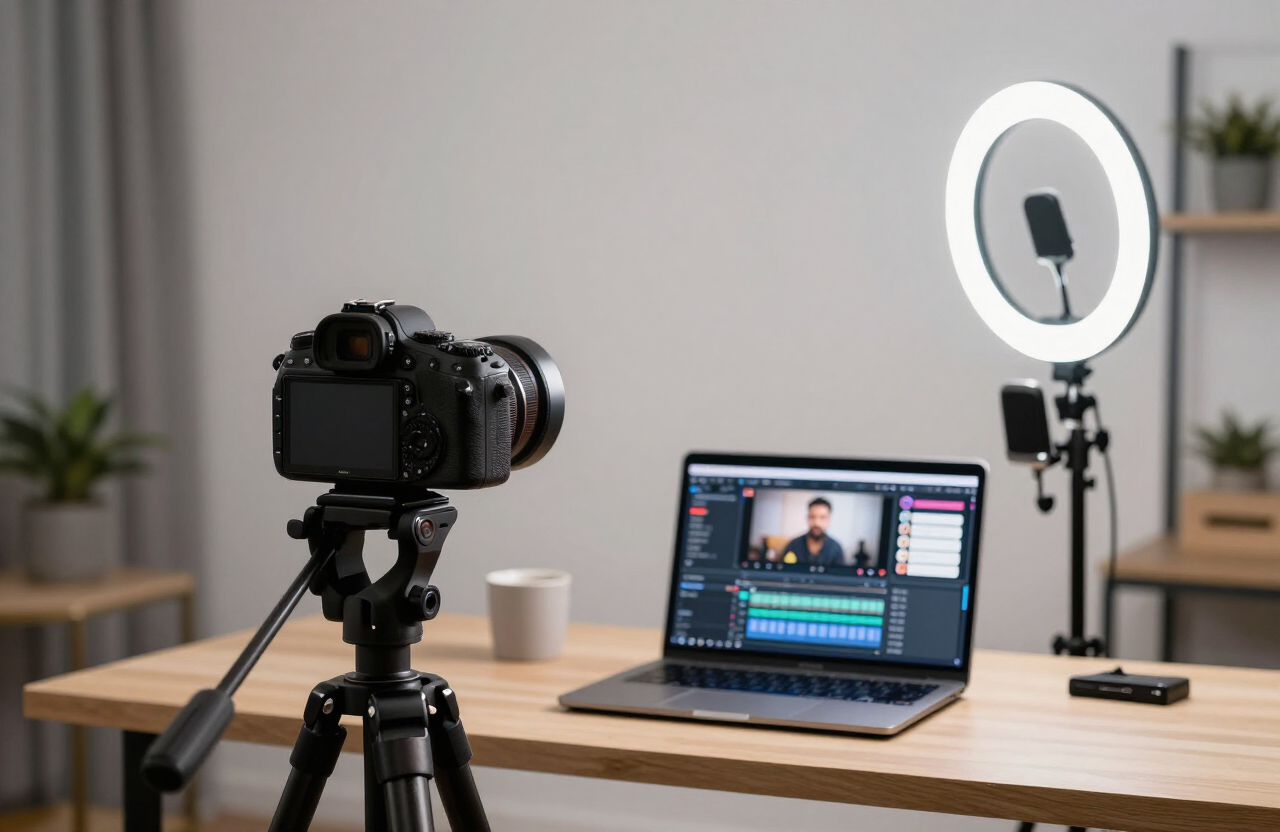 YouTube video marketing setup with camera, ring light, and laptop showing video editing timeline and channel analytics