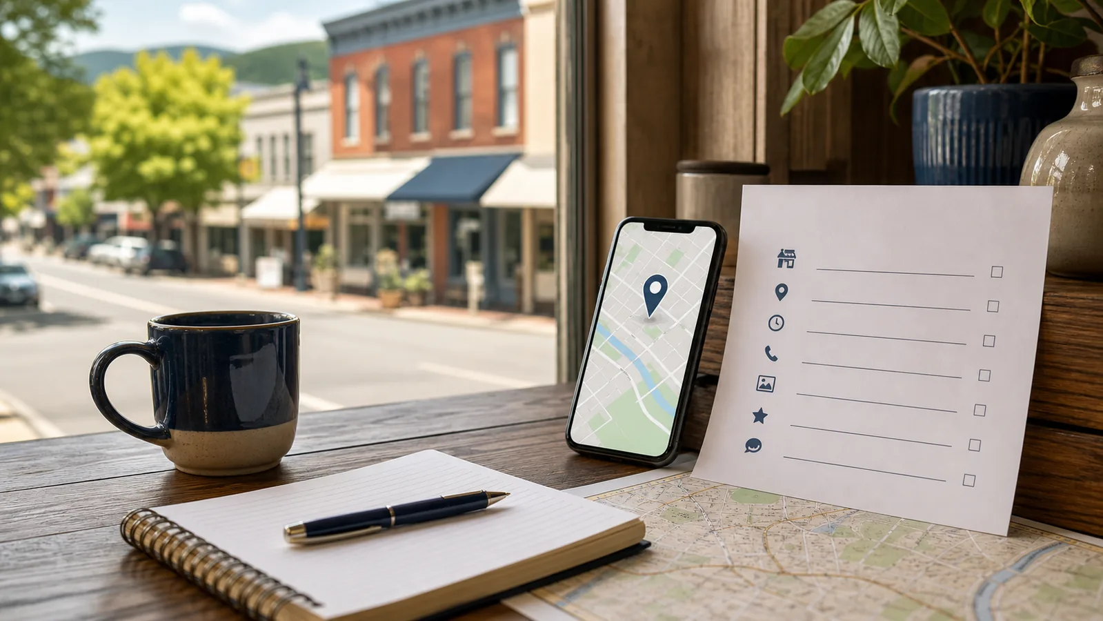 Local search planning checklist beside a map and mountain-town storefronts