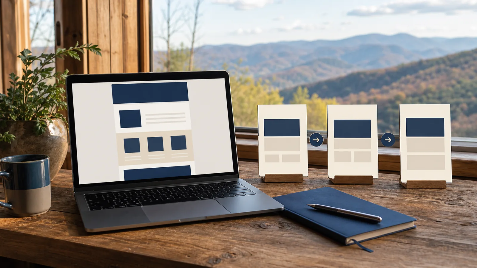 Human-led website prototyping workspace with abstract desktop and mobile layouts