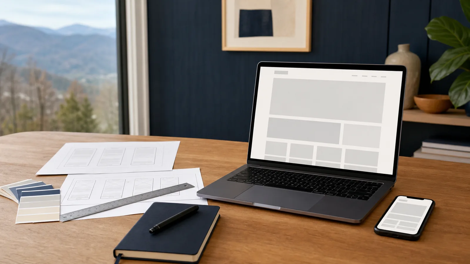 Responsive website wireframes on a laptop, phone, and planning desk