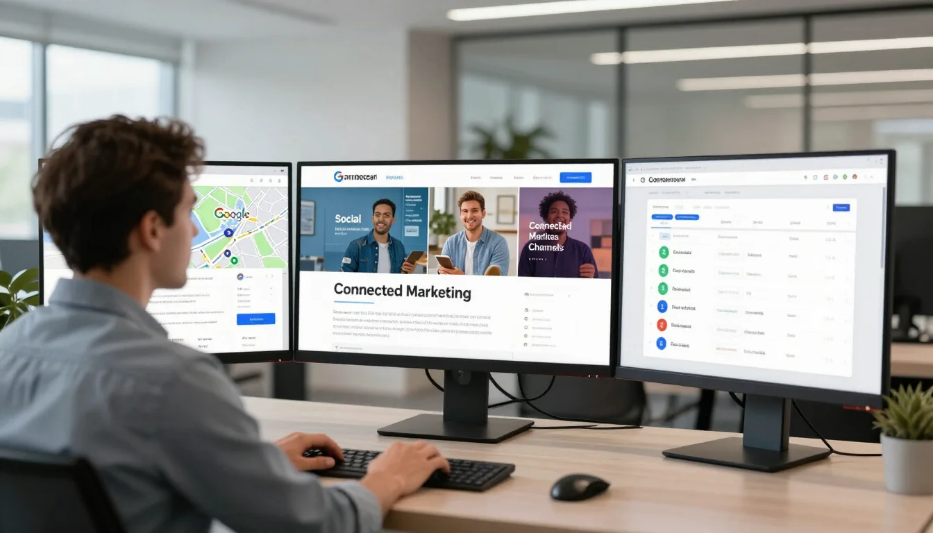 Local business owner reviewing connected marketing channels on multiple screens in modern American office