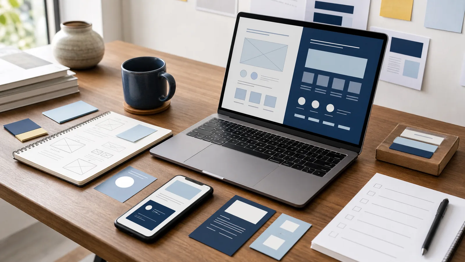Email campaign sequence cards and abstract message layout in a mountain workspace