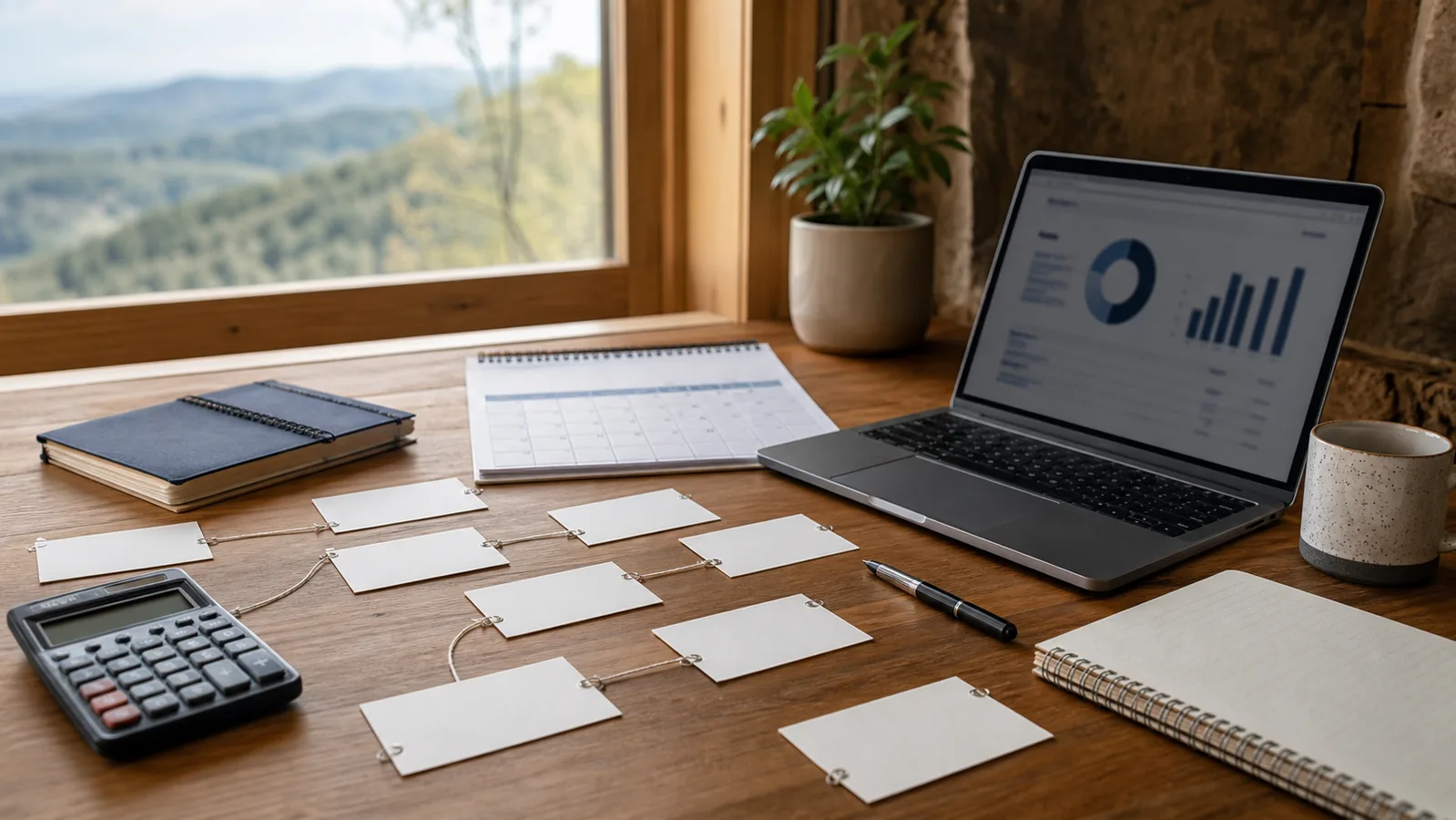 Business process planning workspace with calendar and performance dashboard