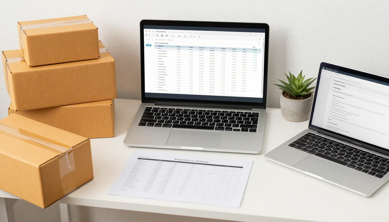 Ecommerce product photography setup with sample products, shipping boxes, and Shopify analytics