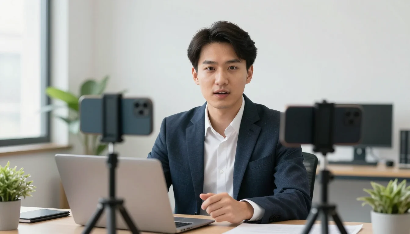 Business owner filming short-form video on smartphone in professional office setting