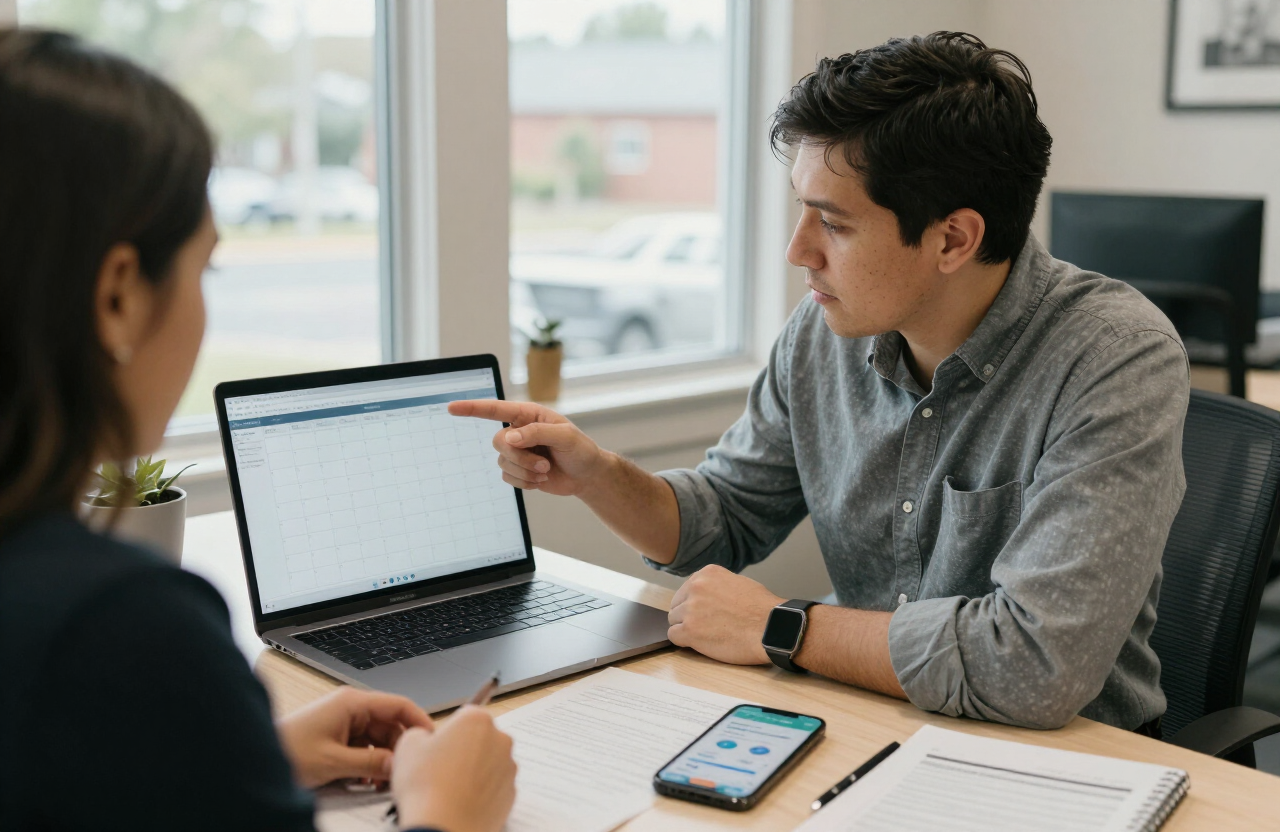 Small business owner and consultant planning social media marketing strategy and content