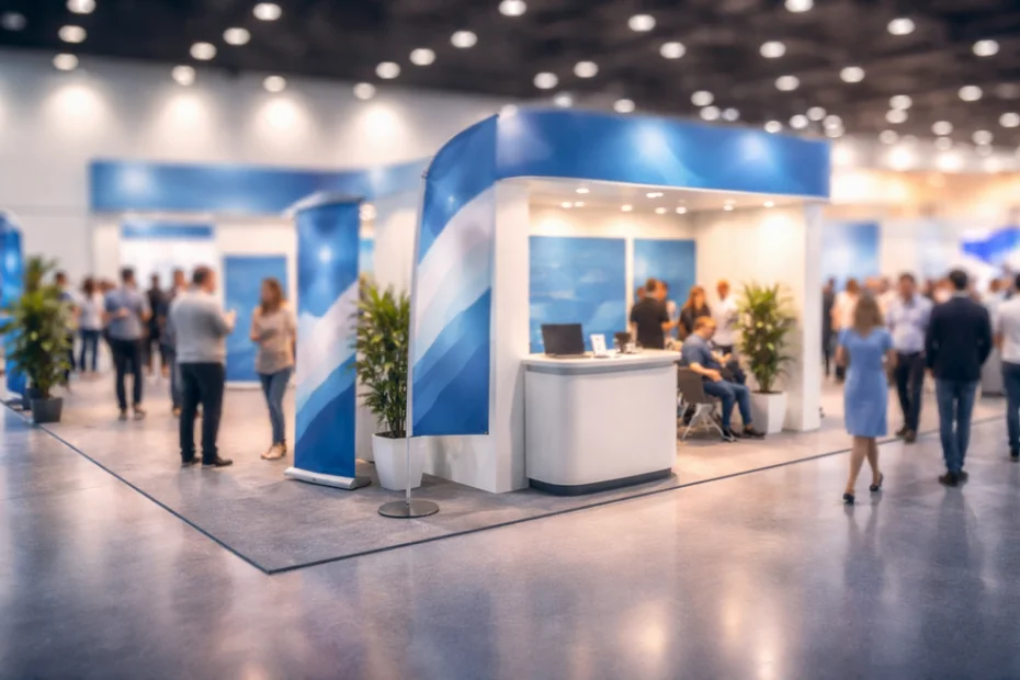 Trade show exhibition booth with branded display banners and attendee networking at a conference