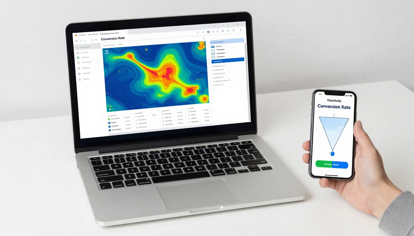 Website audit on a laptop showing heat maps and a call tracking report, with a phone used for mobile testing